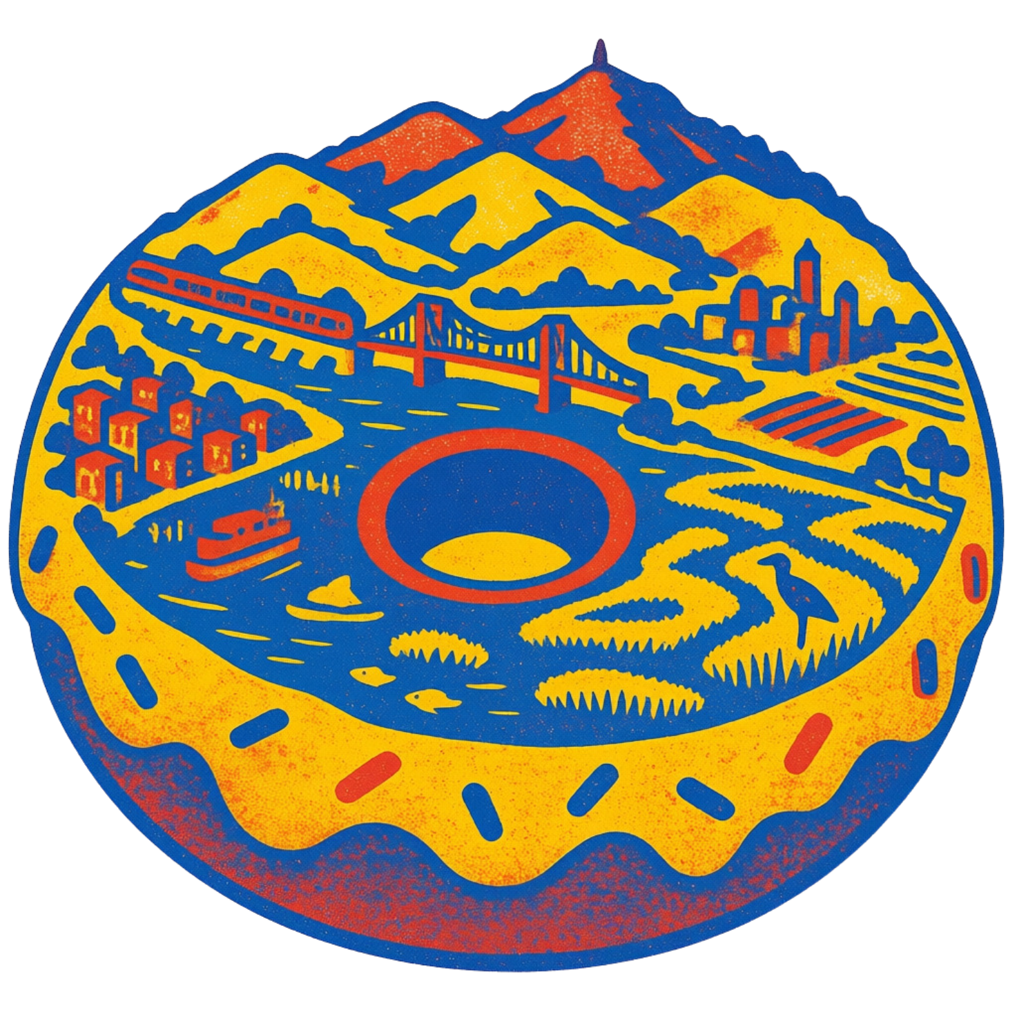 Illustrated Doughnut Vision landscape showing water, wetlands, farms, neighborhoods, transit, bridge and hills.